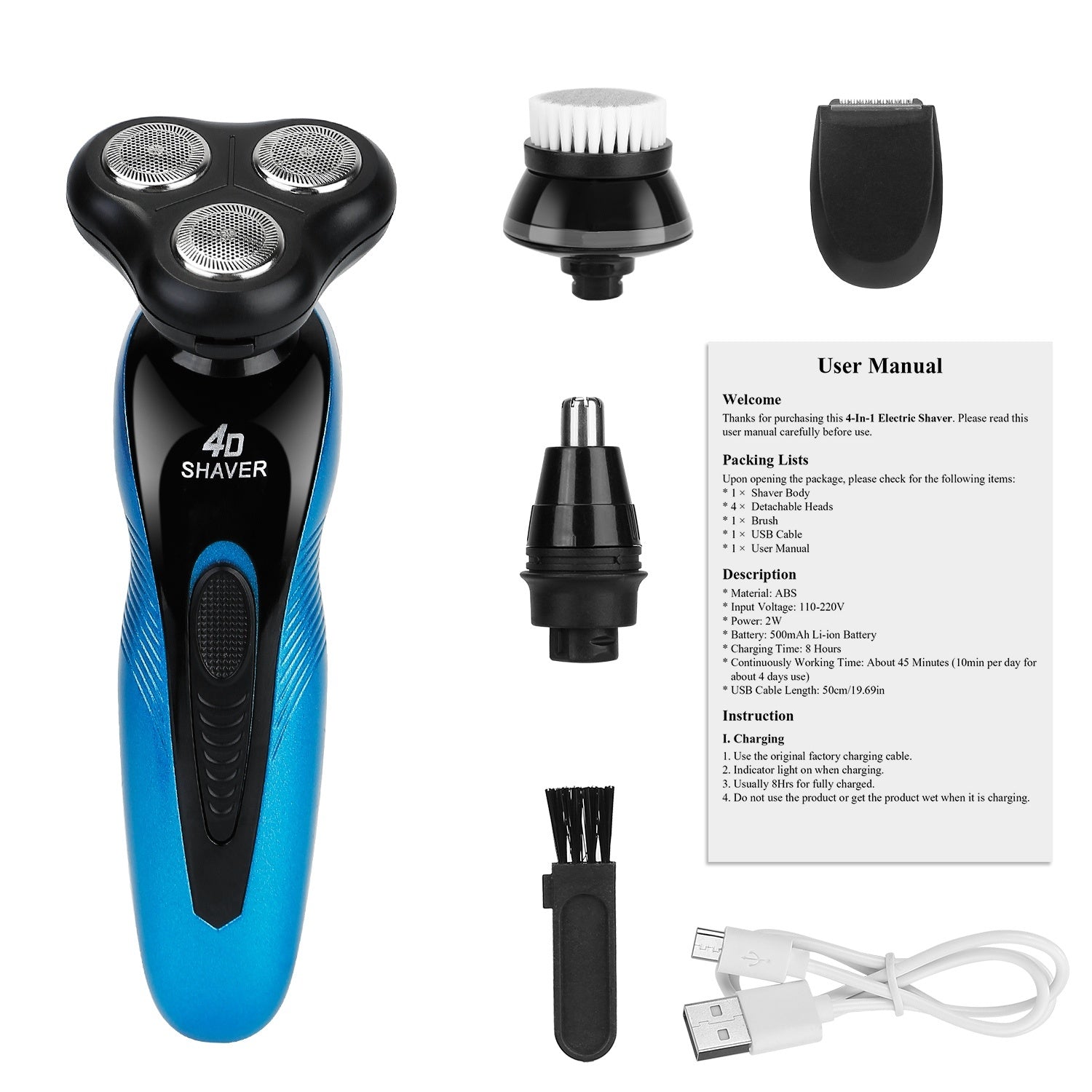 4 In 1Electric Shaver for Men IPX7 Waterproof Beard Trimmer Cordless Rechargeable Razor Beard - Mountain Lakes Mall