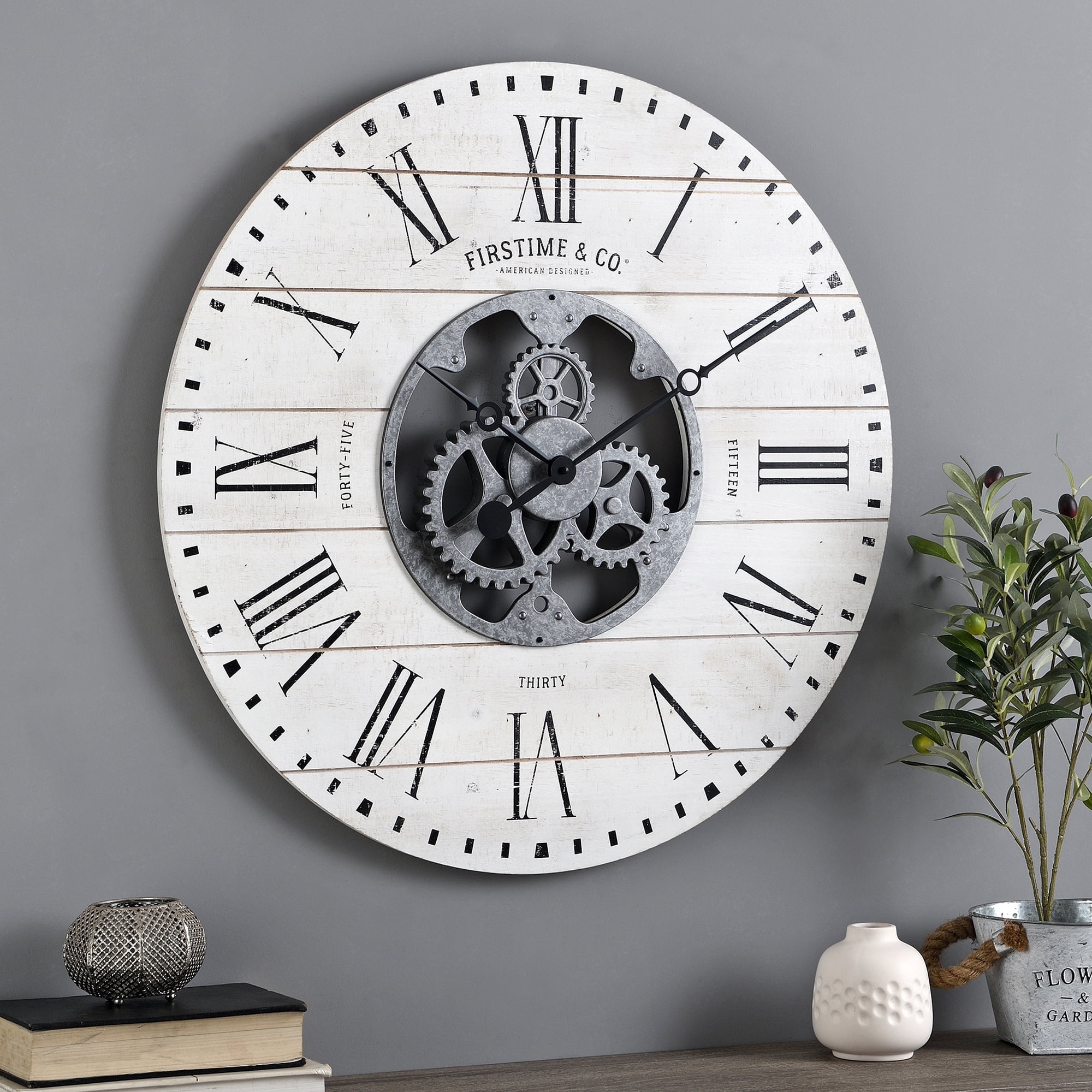 FirsTime & Co. White Shiplap Gears Wall Clock, Farmhouse, Analog, 27 x 2 x 27 in - Mountain Lakes Mall