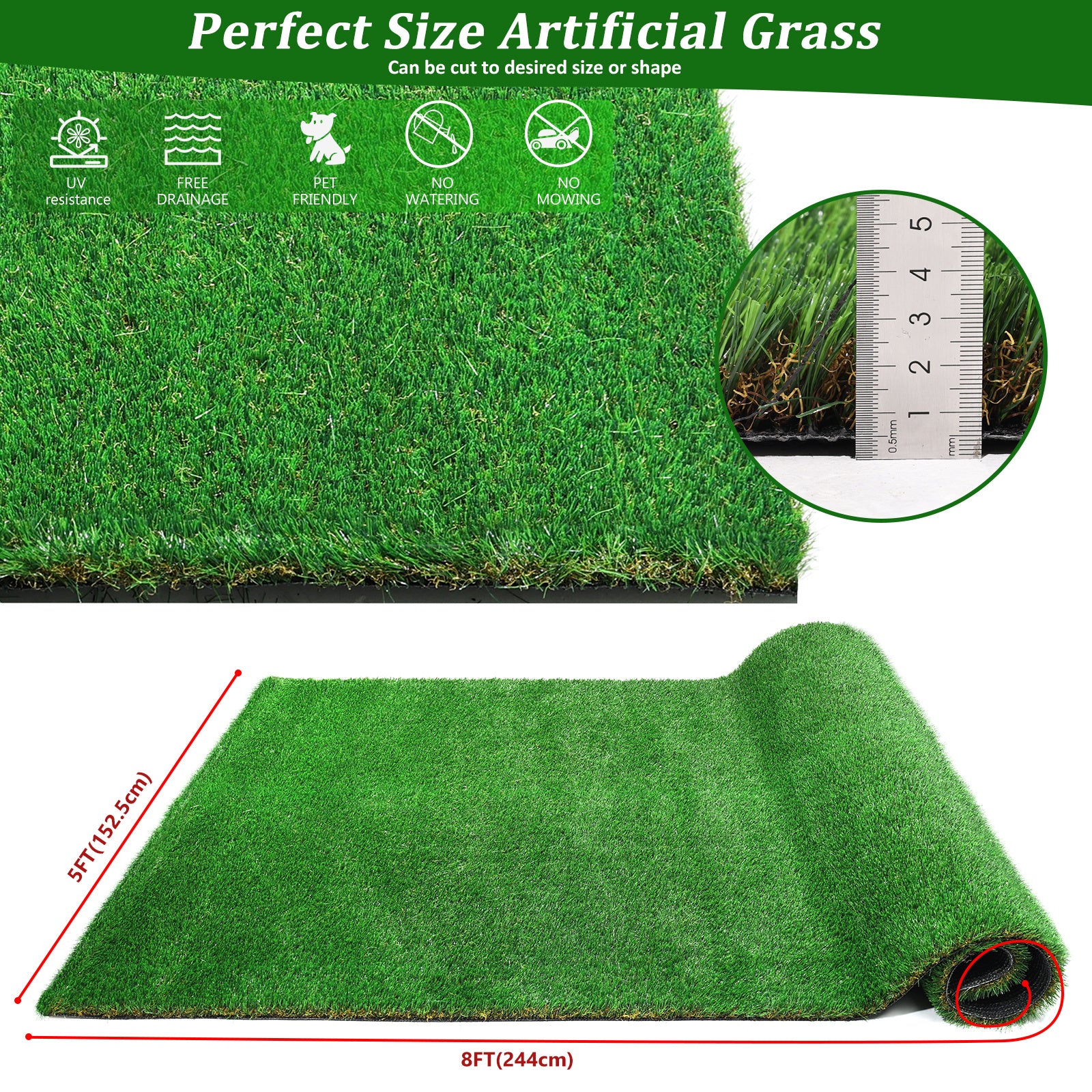 5FTX8FT Outdoor Artificial Grass Runner Rug, Thick Realistic Fake Grass Roll Decor Patio Balcony Garden Lawn, Dog Pets Turf Drain Mat, 1.38" Pile Height - Mountain Lakes Mall