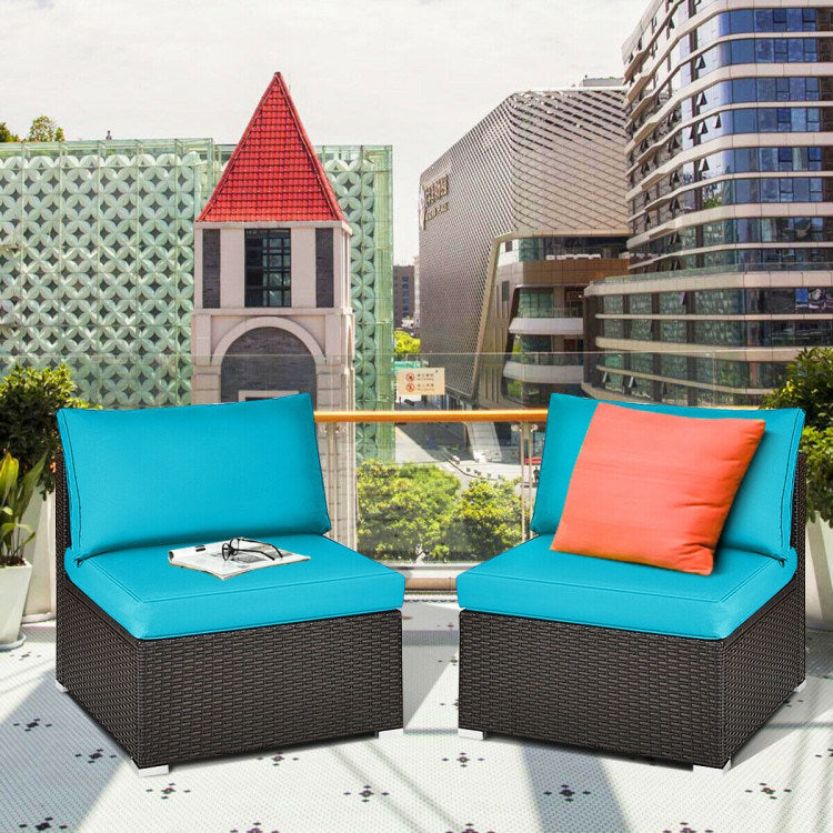 2 Pieces Patio Rattan Armless Sofa Set with 2 Cushions and 2 Pillows - Mountain Lakes Mall