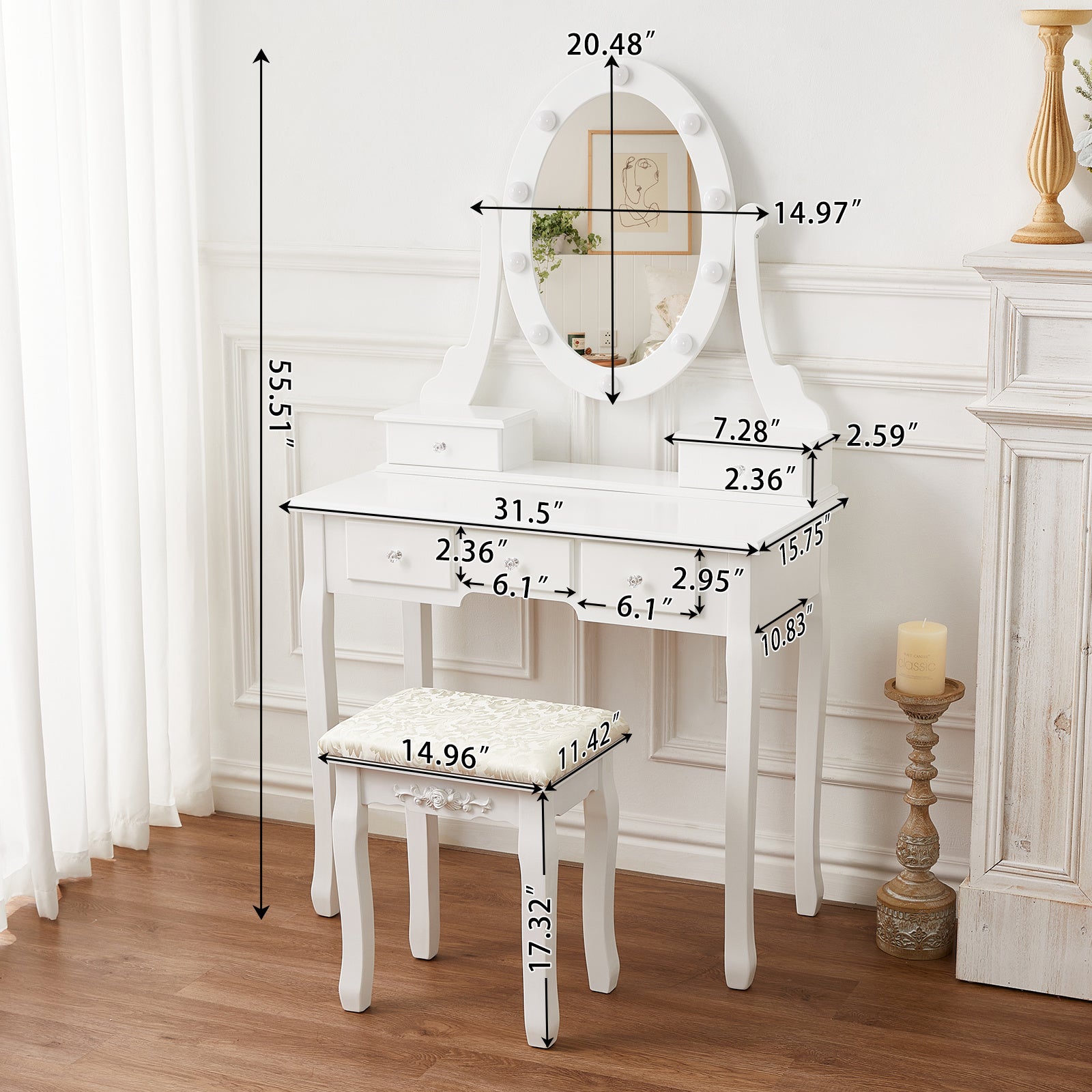 White Vanity Desk with Lights,Makeup Vanity with Lights,Vintage Vanity Dresser with Lights,Dressing Table,Vanity Set with Mirror and Stool,Vanity and Desk Combo,Tocador De Maquillaje para Mujer - Mountain Lakes Mall