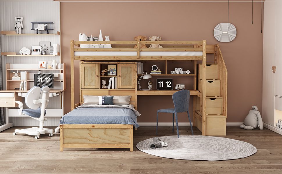 Twin over Twin Loft Bed with Built-in Desk and Staircase, With Storage Compartments and Shelves, Natural