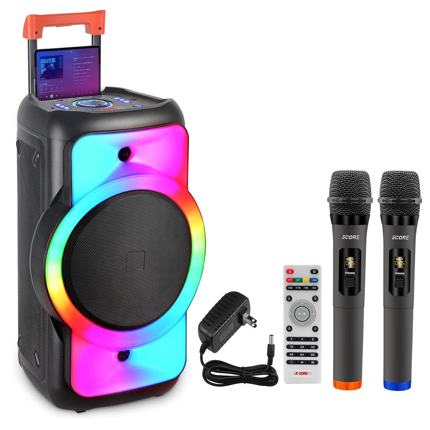 5 Core Karaoke Machine Bluetooth Portable Singing PA Speaker System w Cool DJ Light Support FM + TWS + USB + Memory Card + AUX + REC Party Speakers Includes Two Wireless Mics - PLB 12X1 2MIC - Mountain Lakes Mall