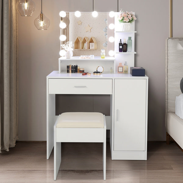 FCH Large Vanity Set with 10 LED Bulbs, Makeup Table with Cushioned Stool, 3 Storage Shelves 1 Drawer 1 Cabinet, Dressing Table Dresser Desk for Women, Girls, Bedroom, White - Mountain Lakes Mall