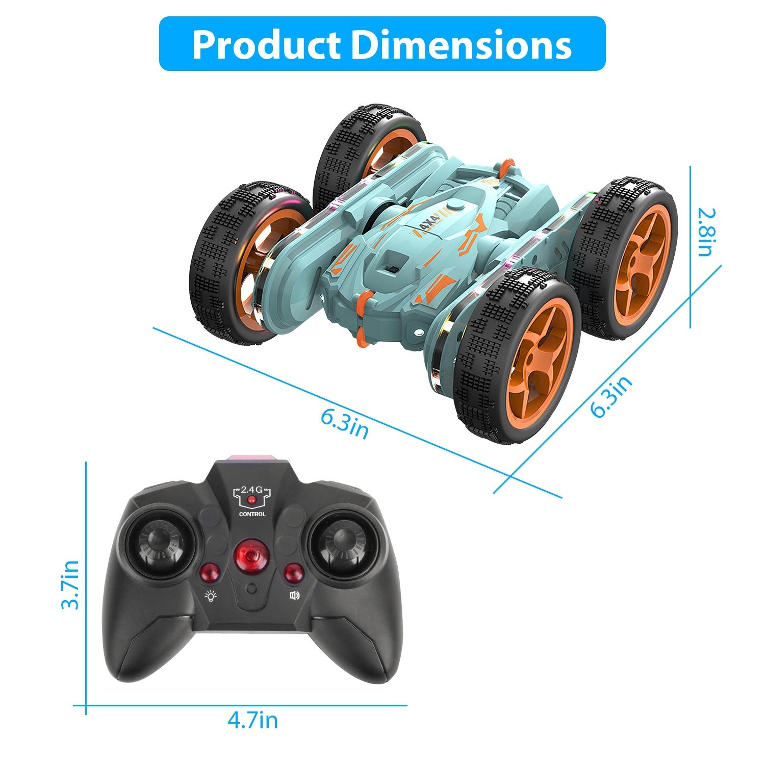 Kid Driving RC Stunt Car 7 Color Strip Light Dynamic Music Swing Arm Double-sided Rolling Remote Control Car Off Road - Mountain Lakes Mall