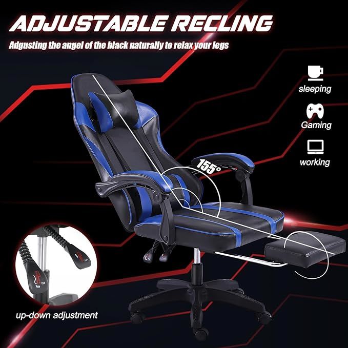 Video Game Chairs for Adults, PU Leather Gaming Chair with Footrest, 360°Swivel Adjustable Lumbar Pillow Gamer Chair, Comfortable Computer Chair for Heavy People - Mountain Lakes Mall