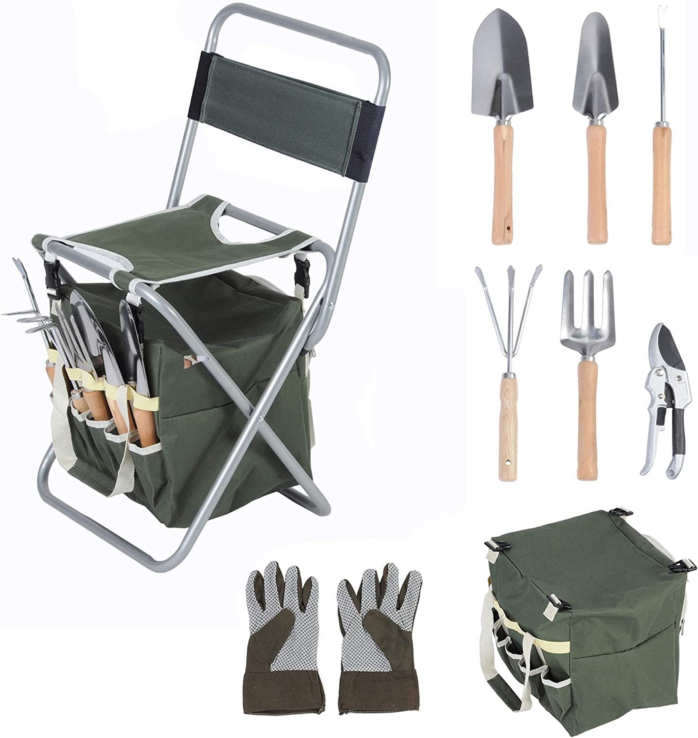 Bosonshop 9 PCS Garden Tools Set Ergonomic Wooden Handle Sturdy Stool with Detachable Tool Kit - Mountain Lakes Mall