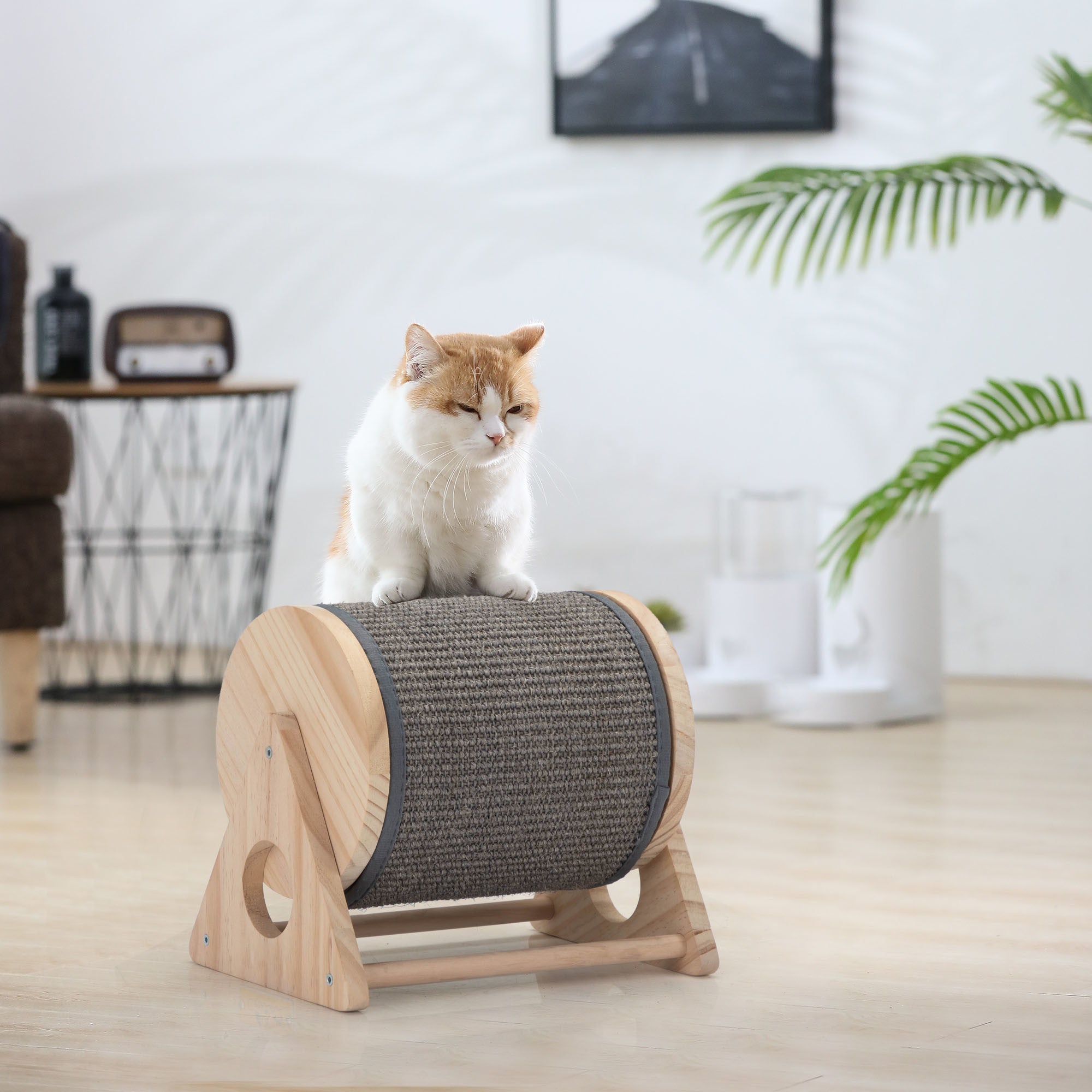 Wooden Cat Scratching Post, 360-Degree Rotating Cat Scratcher Toy with Bells for Indoor Cats and Kittens, Natural - Mountain Lakes Mall