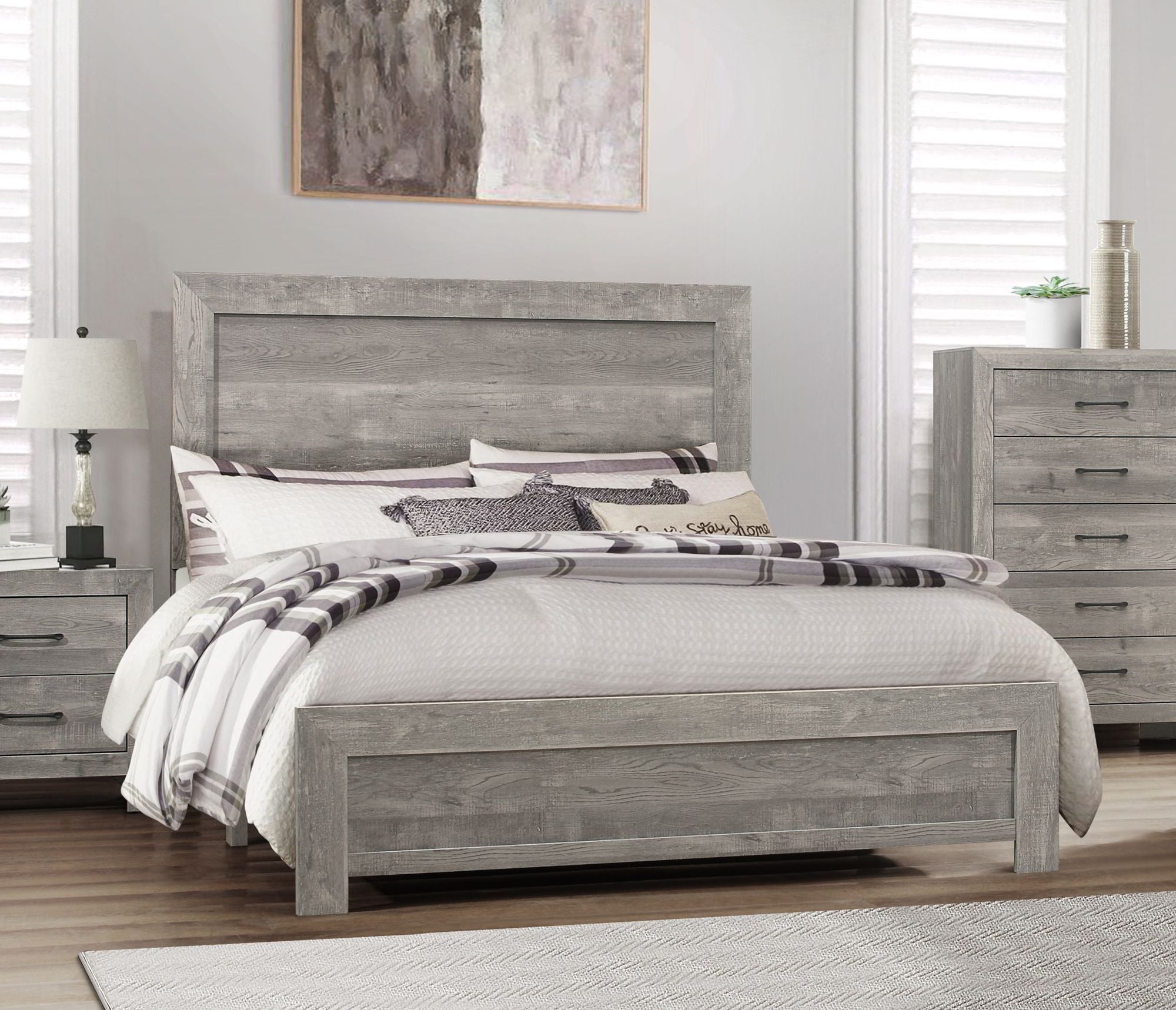 Rustic Gray Finish Full Size Panel Bed Wooden Bedroom Furniture 1pc, Bed in a Box