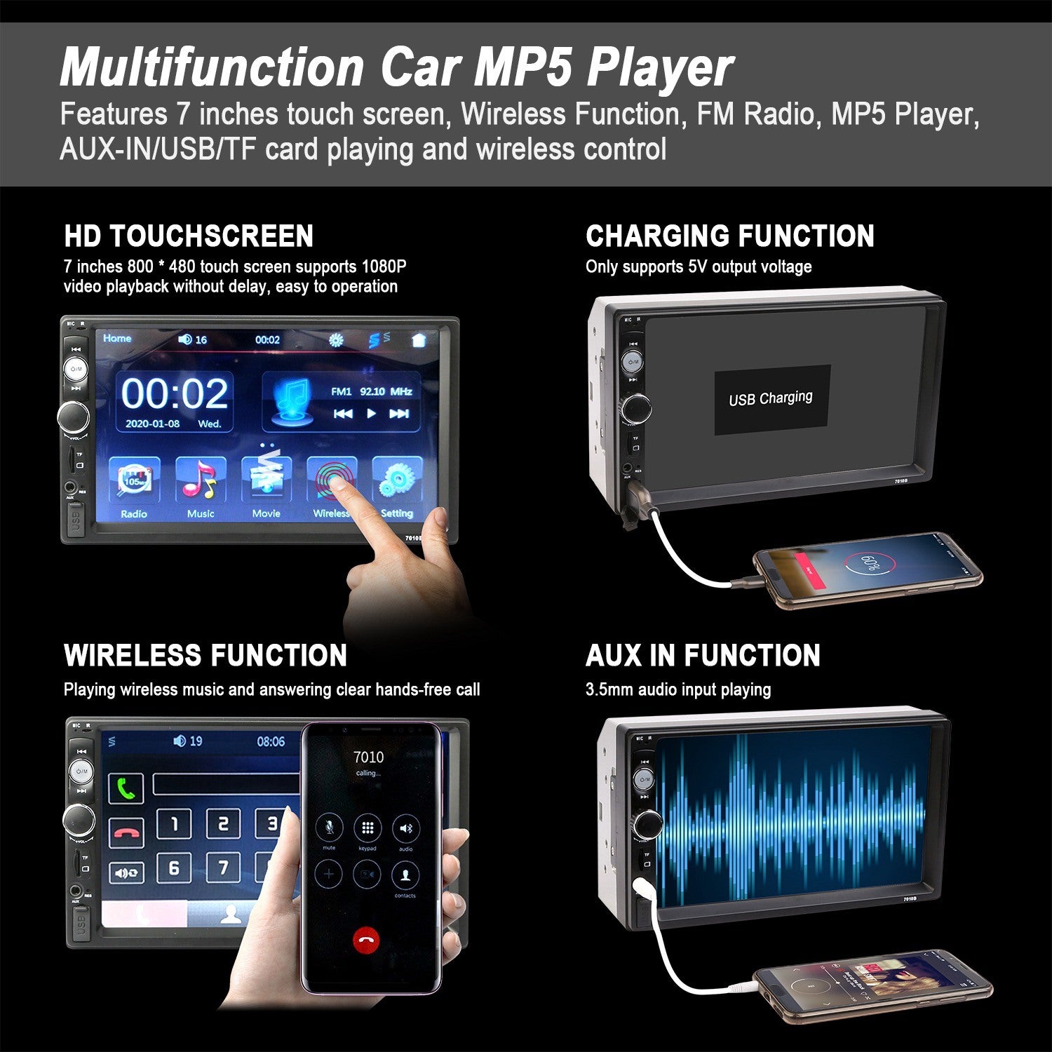 7 Inches Universal Wireless Car MP5 Player 1080P Video Player Stereo Audio FM Radio - Mountain Lakes Mall