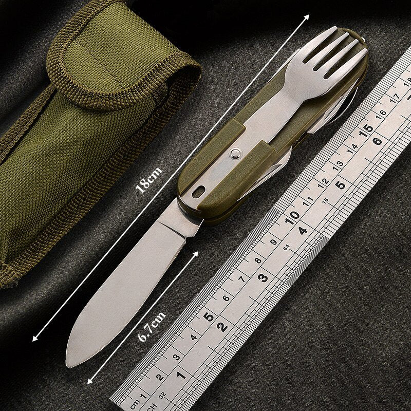 7 In 1 Multifunctional Outdoor Tableware Stainless Steel Foldable Fork Spoon Knife Picnic Camping Hiking Travelling Dinnerware - Mountain Lakes Mall