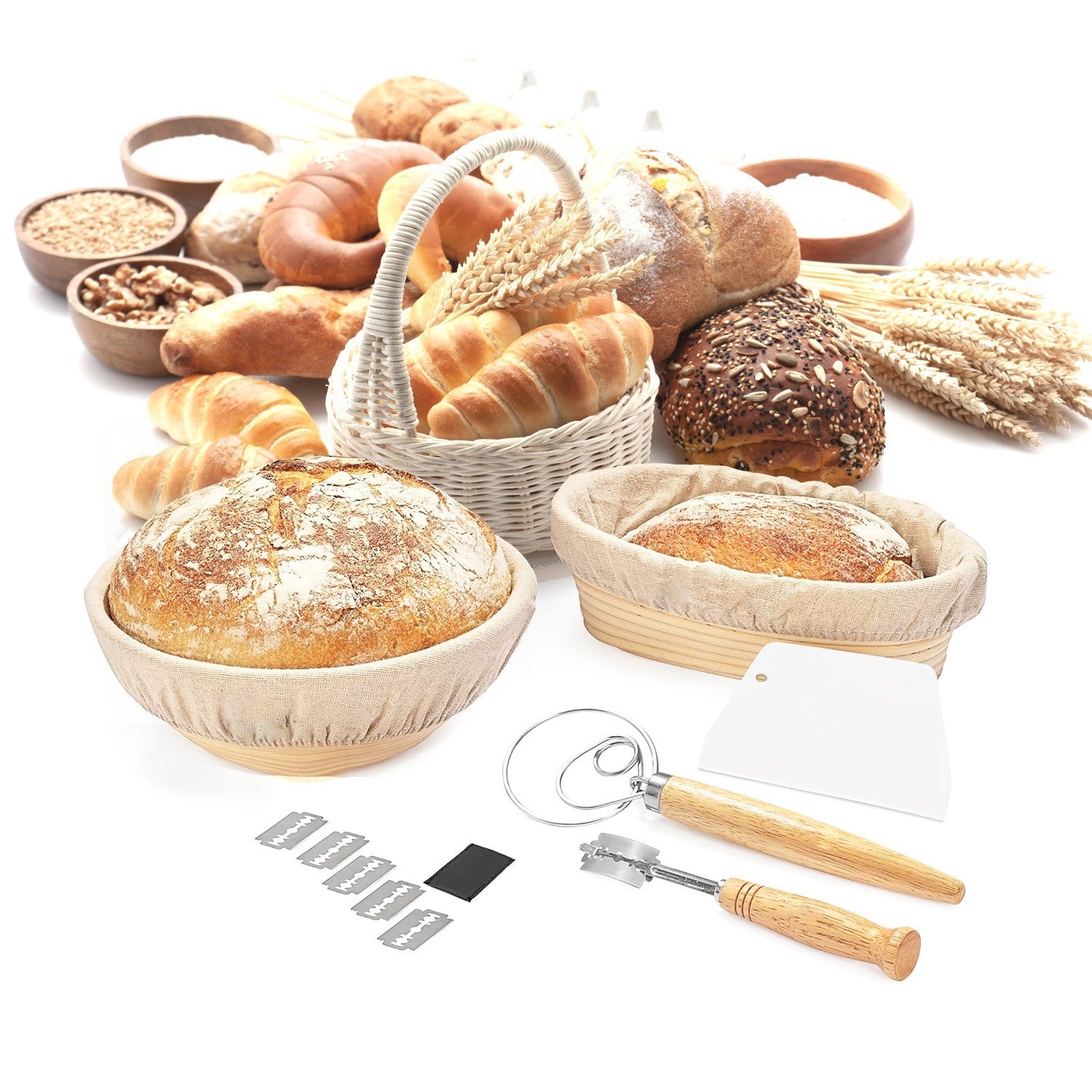 Complete Bread Baking Kit Banneton Proofing Basket Set 9In Round And 10In Oval Basket With Linen Liner Lame Dough Scraper Blender Whisk - Mountain Lakes Mall