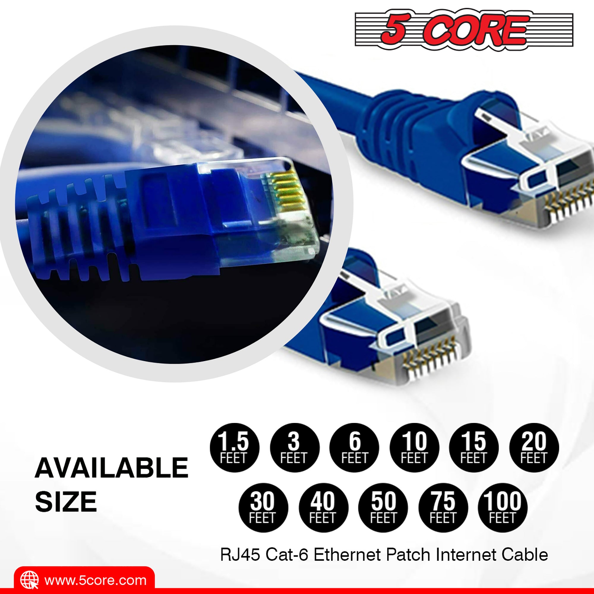 5 Core Ethernet Cable 30 ft / 40 ft Long Cat 6 Computer Internet Patch Cord High Speed WiFi RJ45 for Gaming Indoor Outdoor Use - ET BLU - Mountain Lakes Mall