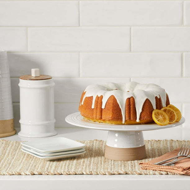 Better Homes & Gardens Abbott Exposed Clay Stoneware Pedestal Cake Stand, White Speckled, 3.52lbs - Mountain Lakes Mall