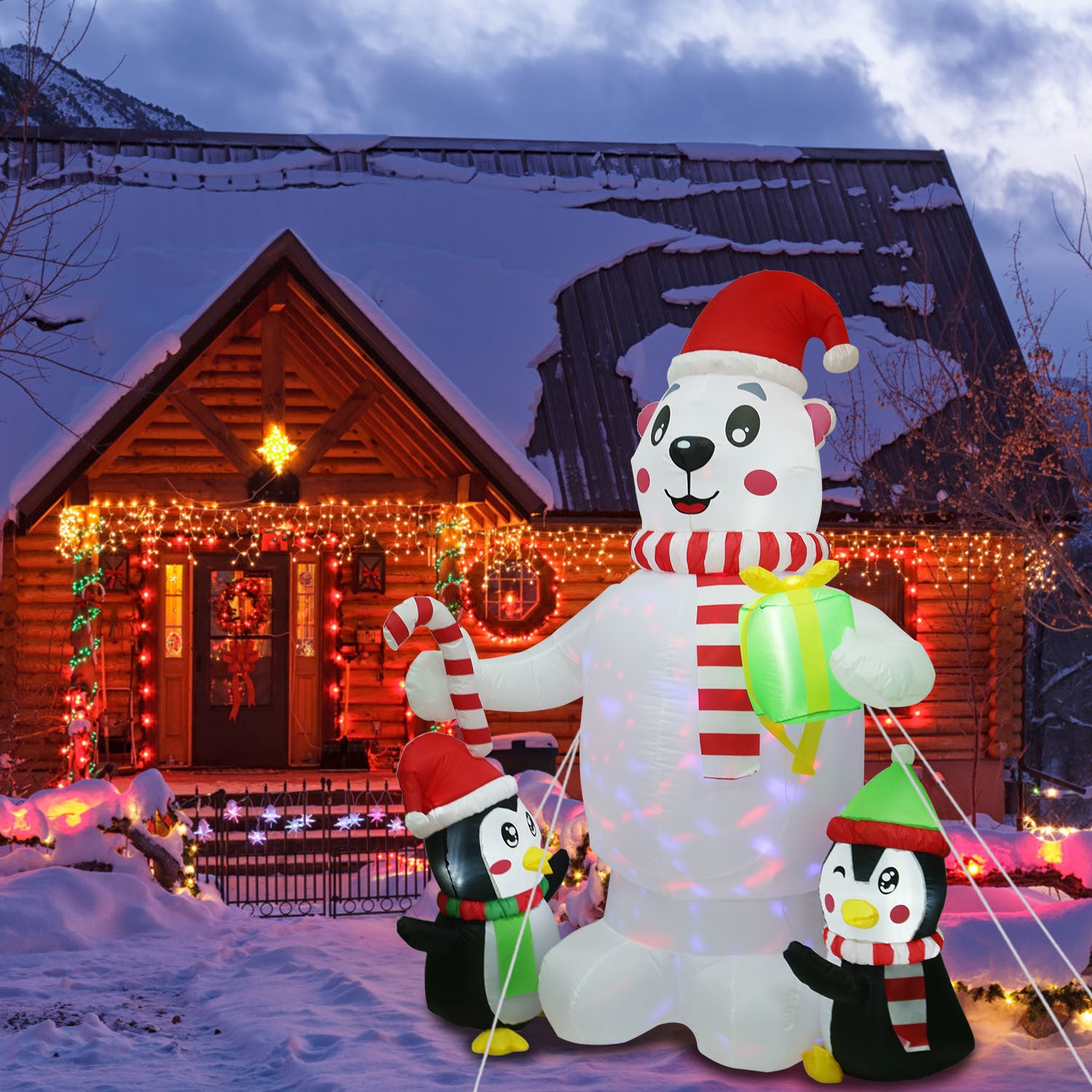 5.9FT Christmas Inflatable Outdoor Decoration Polar Bear Gift Box Penguin Blow Up Yard Decoration with LED Light Built-in Air Blower for Winter Holiday Xmas Garden