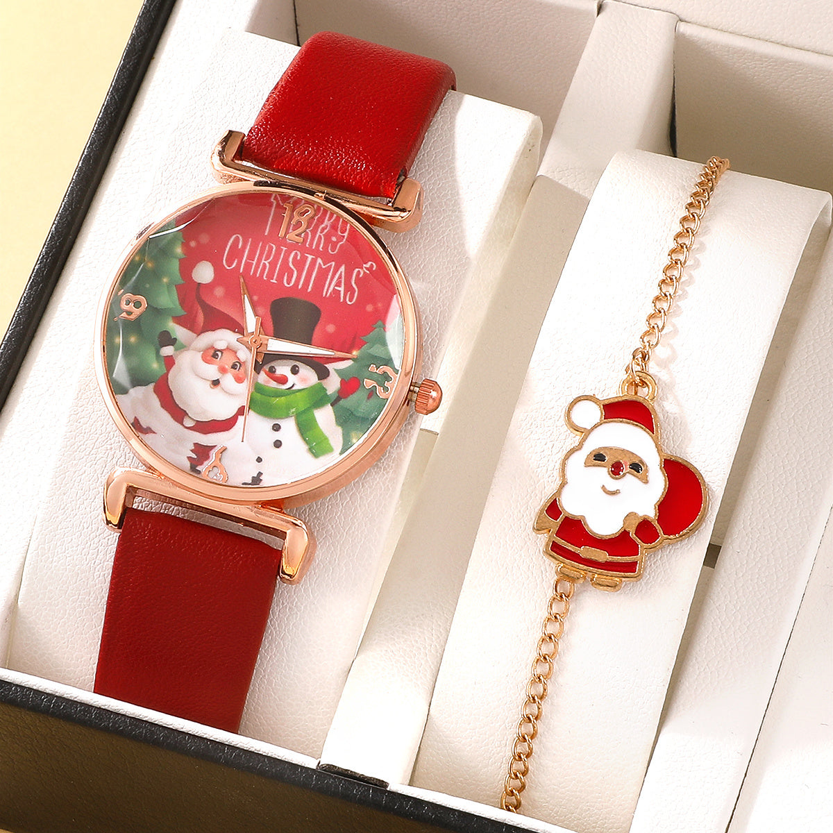 2pcs Christmas Santa Dial Women's Fashion Watch Bracelet Watches Set Ladies Leather Band Quartz Wristwatch(No Box) - Mountain Lakes Mall