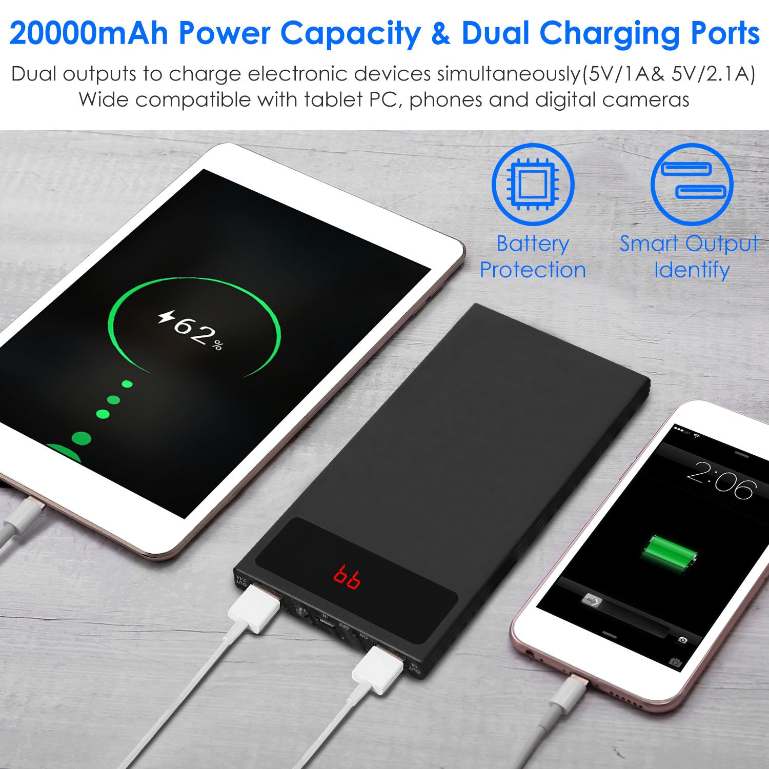 20000mAh Power Bank Ultra Thin External Battery Pack Phone Charger Dual USB Ports Flashlight Battery Remain Display - Mountain Lakes Mall