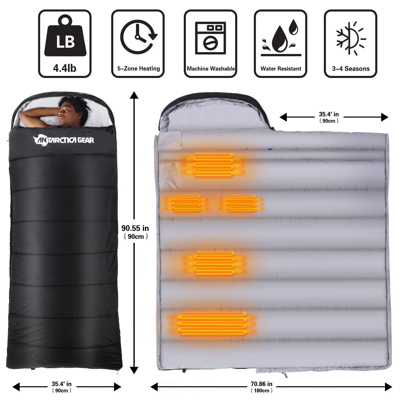 ANTARCTICA GEAR Heated Sleeping Bag 3 Adjustable Heating Levels Cold Weather Sleeping Bag for All Season Hiking & Camping - Mountain Lakes Mall