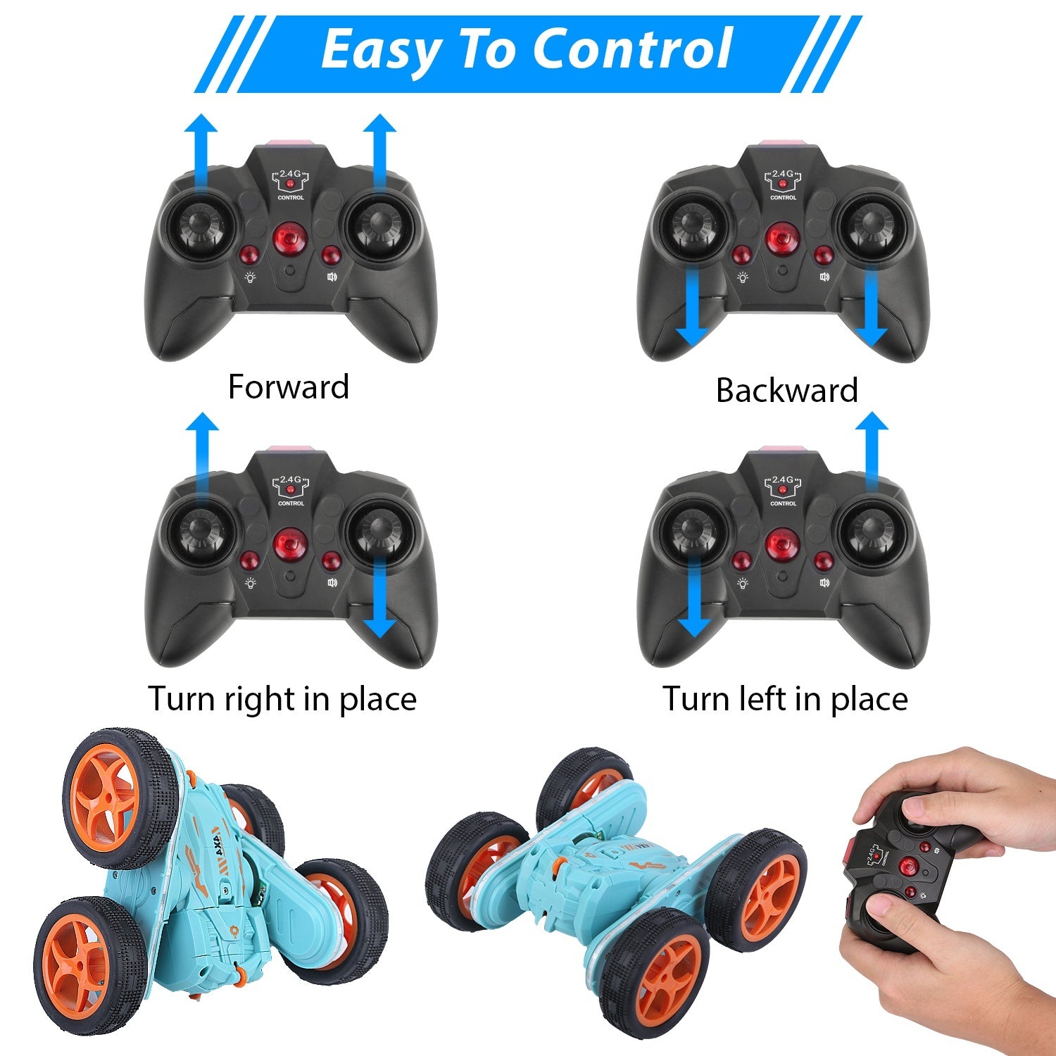 Kid Driving RC Stunt Car 7 Color Strip Light Dynamic Music Swing Arm Double-sided Rolling Remote Control Car Off Road - Mountain Lakes Mall