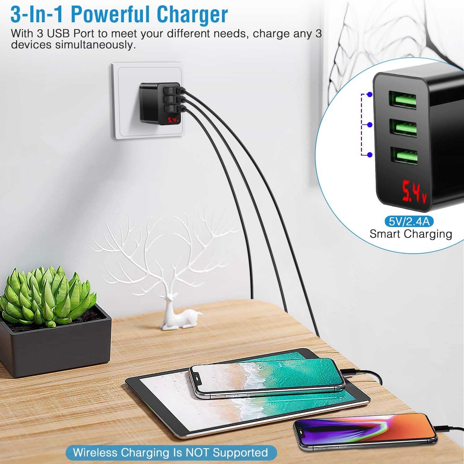 3 Packs 3-Port USB Wall Charger USB Hub Charger Wall Power Charging Plug Adapter Fit For Samsung Galaxy S9/S8 - Mountain Lakes Mall