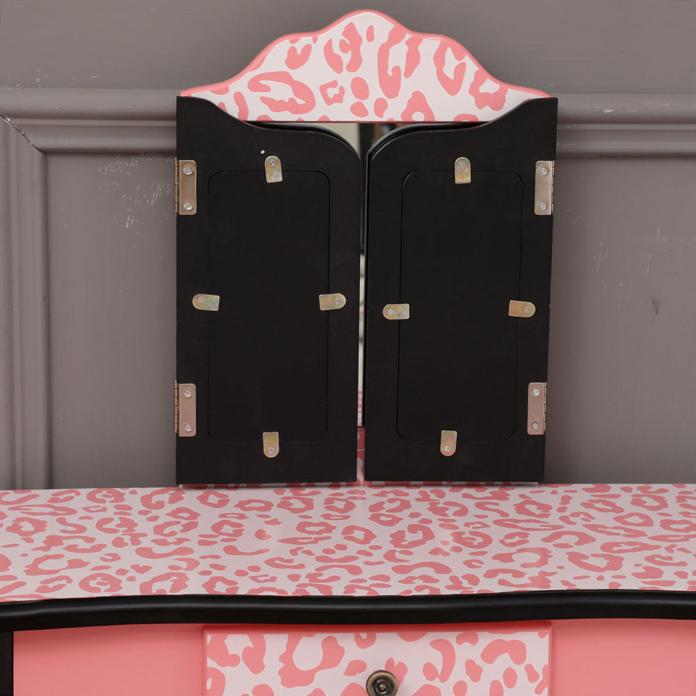 Kids Gisele Leopard Print Wooden Vanity Set with Tri-Fold Mirror Table and Chair, Pink/Black, - Mountain Lakes Mall