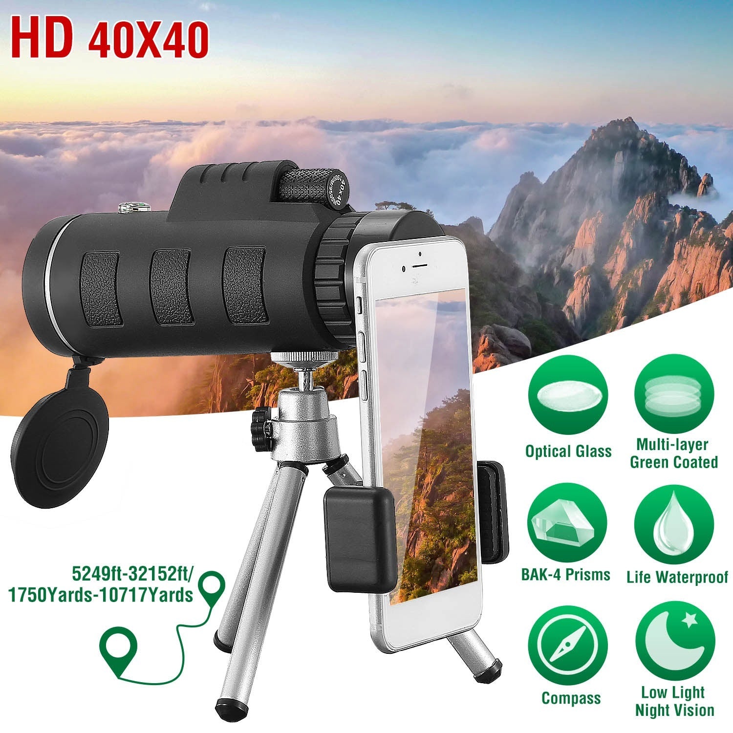 40x40 HD Optical Monocular Telescope w/ FMC Lens Low Light Vision Scope Phone Holder Tripod Compass - Mountain Lakes Mall