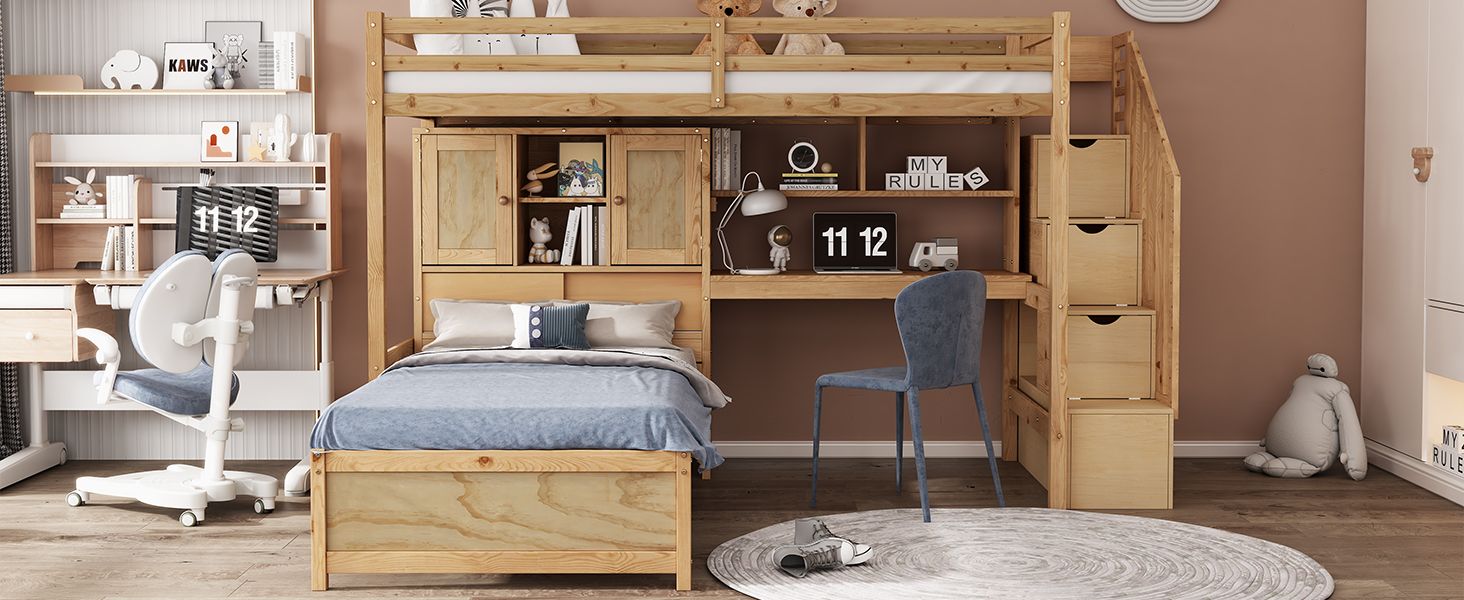 Twin over Twin Loft Bed with Built-in Desk and Staircase, With Storage Compartments and Shelves, Natural