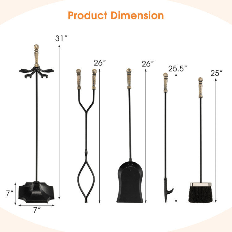 31 inch 5 Pieces Metal Fireplace Tool Set with Stand - Mountain Lakes Mall