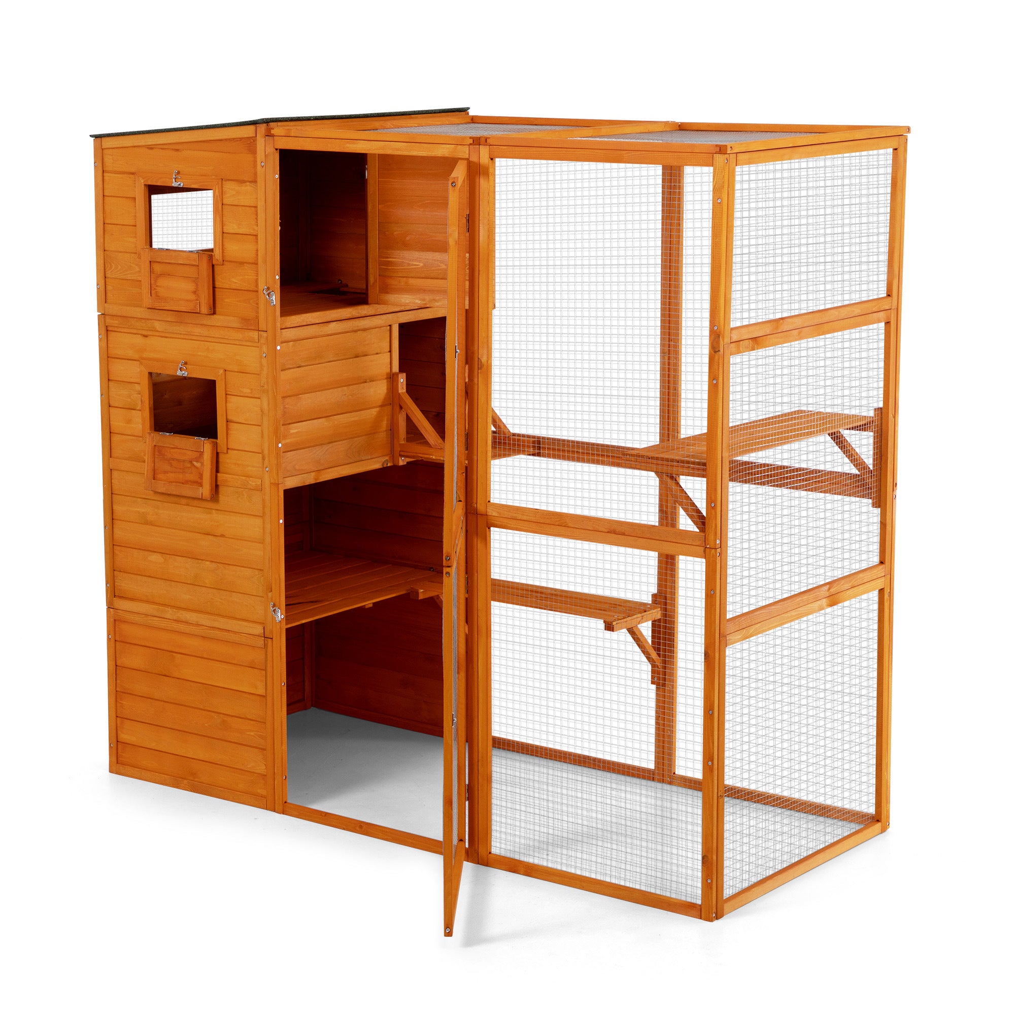 Large Wooden Cat Enclosure with Waterproof Roof and Platforms, Orange - Mountain Lakes Mall