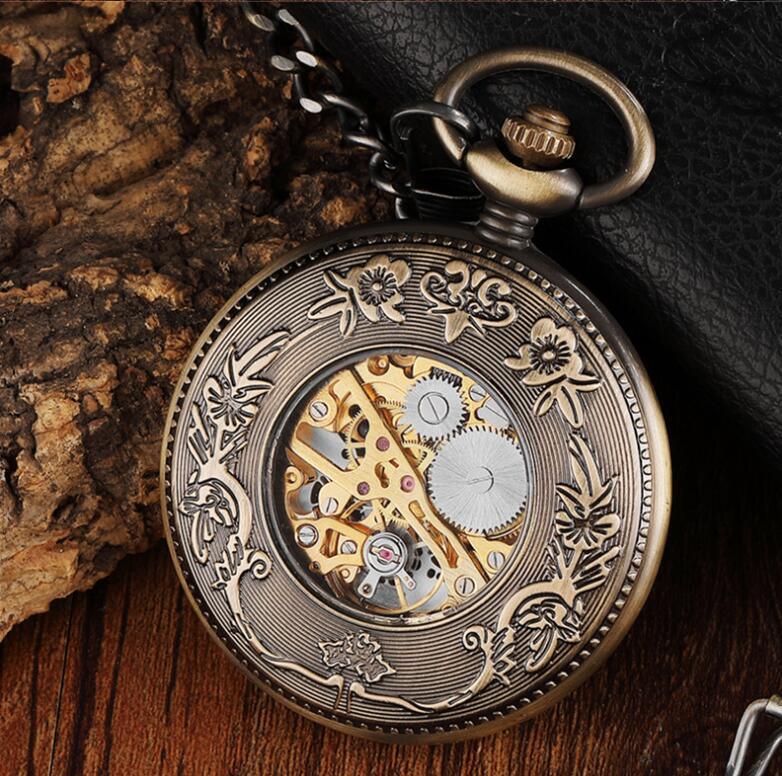 Large Flip Mechanical Pocket Watch Roman Carved Hollow Classic Mechanical Watch Pocket Watch - Mountain Lakes Mall