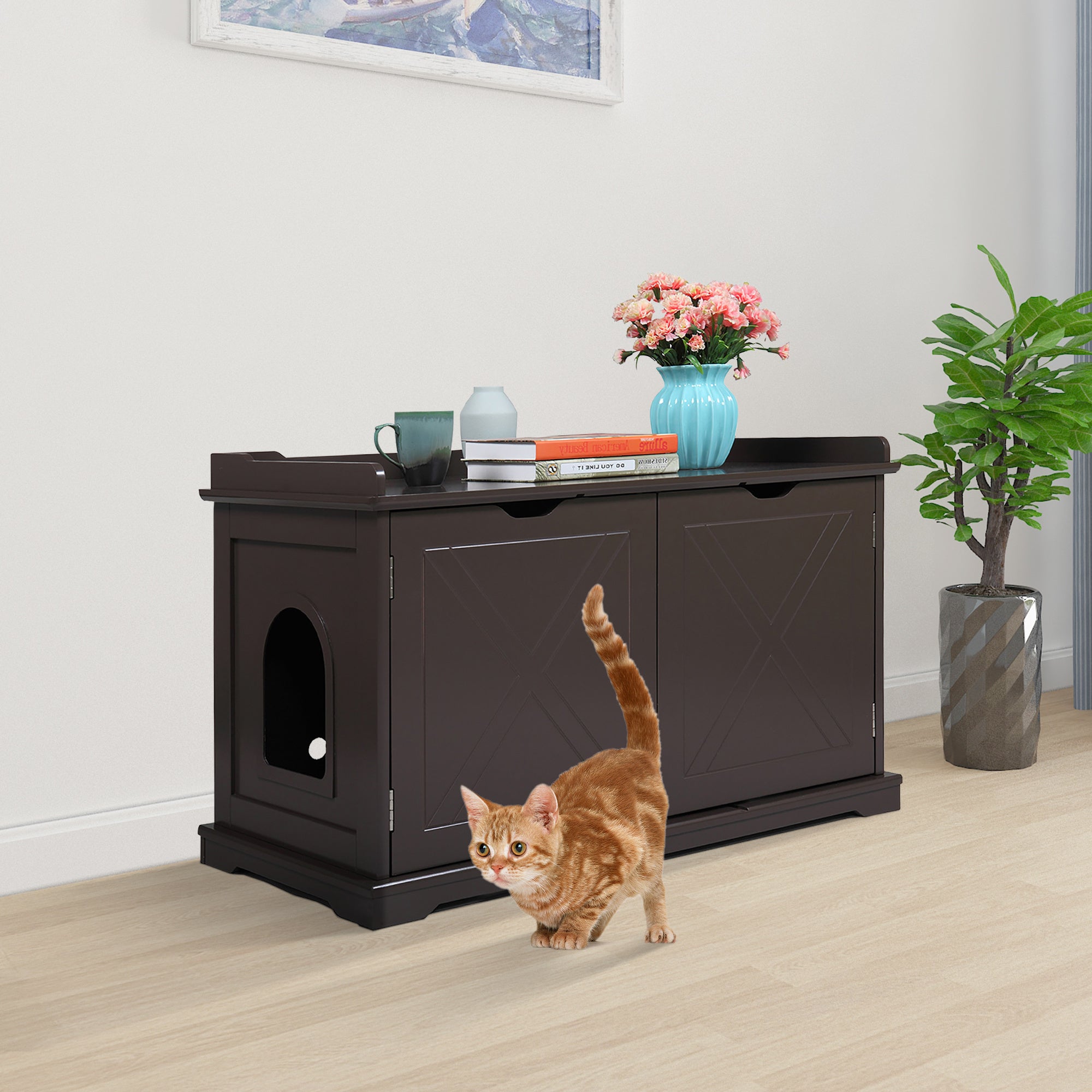 Cat Washroom Bench, Wood Litter Box Cover with Spacious Inner, Ventilated Holes, Removable Partition, Easy Access,Chocolate Brown - Mountain Lakes Mall