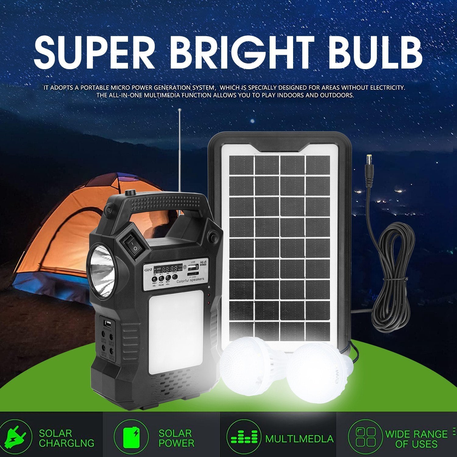 Portable Solar Power Station Rechargeable Backup Power Bank w/Flashlight 3 Lighting Bulbs For Camping Outage Garden Lamp - Mountain Lakes Mall