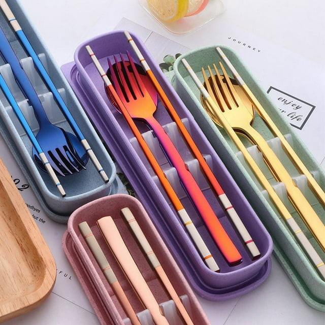 Stainless Steel Cutlery Set - Spoon Fork & Chopsticks with Wheat Box - Travel Set - Mountain Lakes Mall