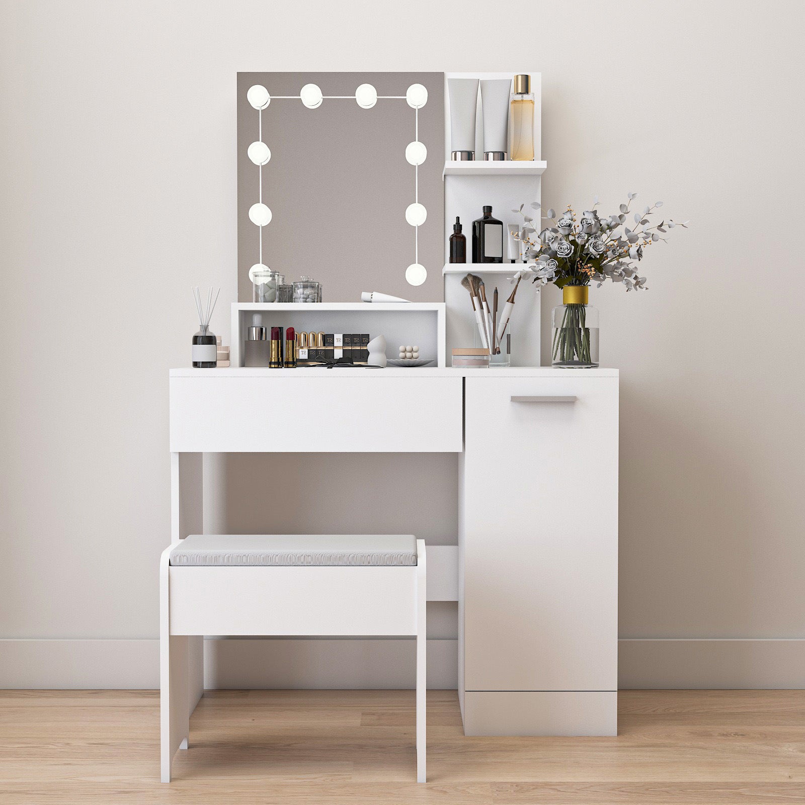 Makeup Vanity Table Set with Drawer and Storage Cabinet, Dressing Table with Vanity Cushioned Stool for Bedroom, Makeup Room - Mountain Lakes Mall