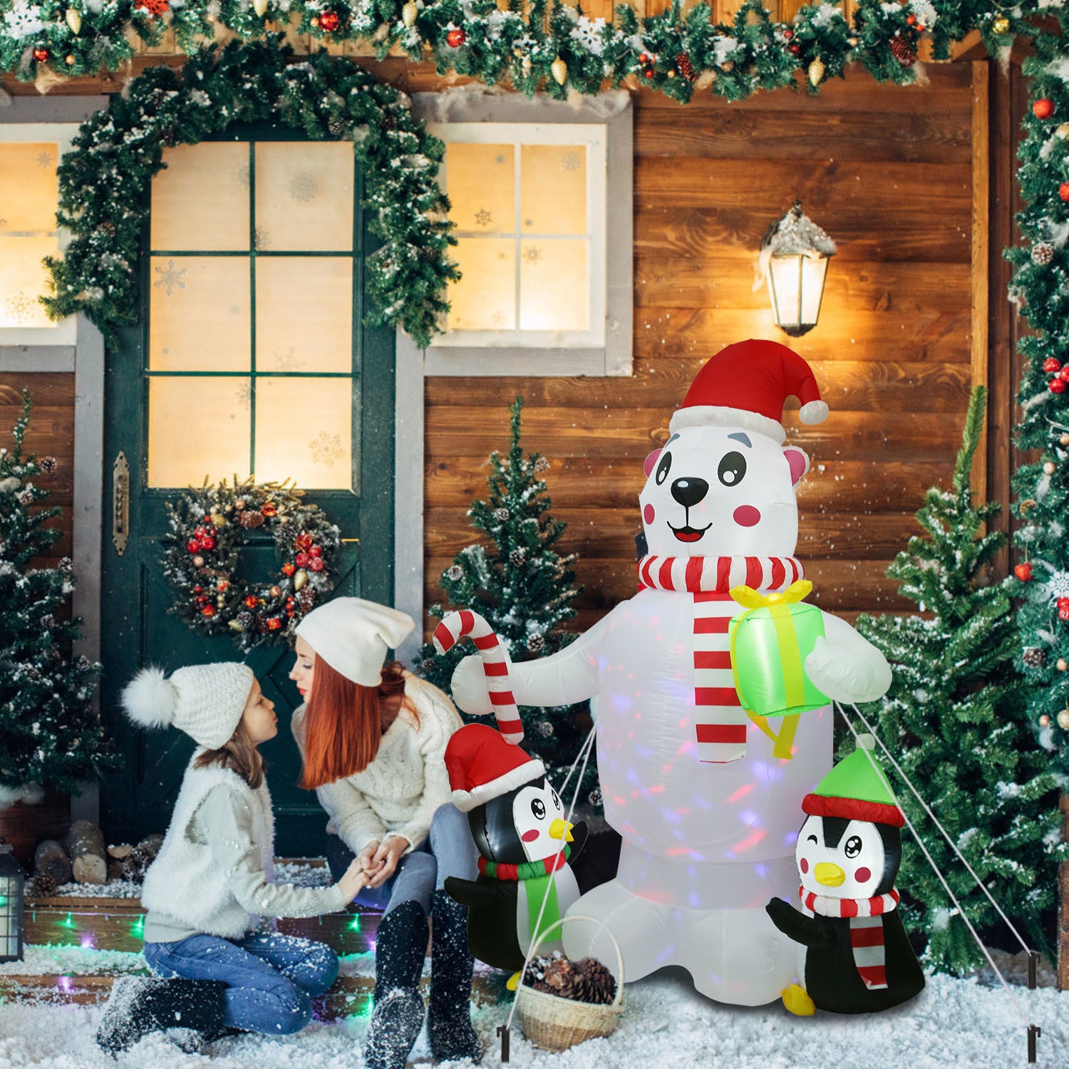 5.9FT Christmas Inflatable Outdoor Decoration Polar Bear Gift Box Penguin Blow Up Yard Decoration with LED Light Built-in Air Blower for Winter Holiday Xmas Garden