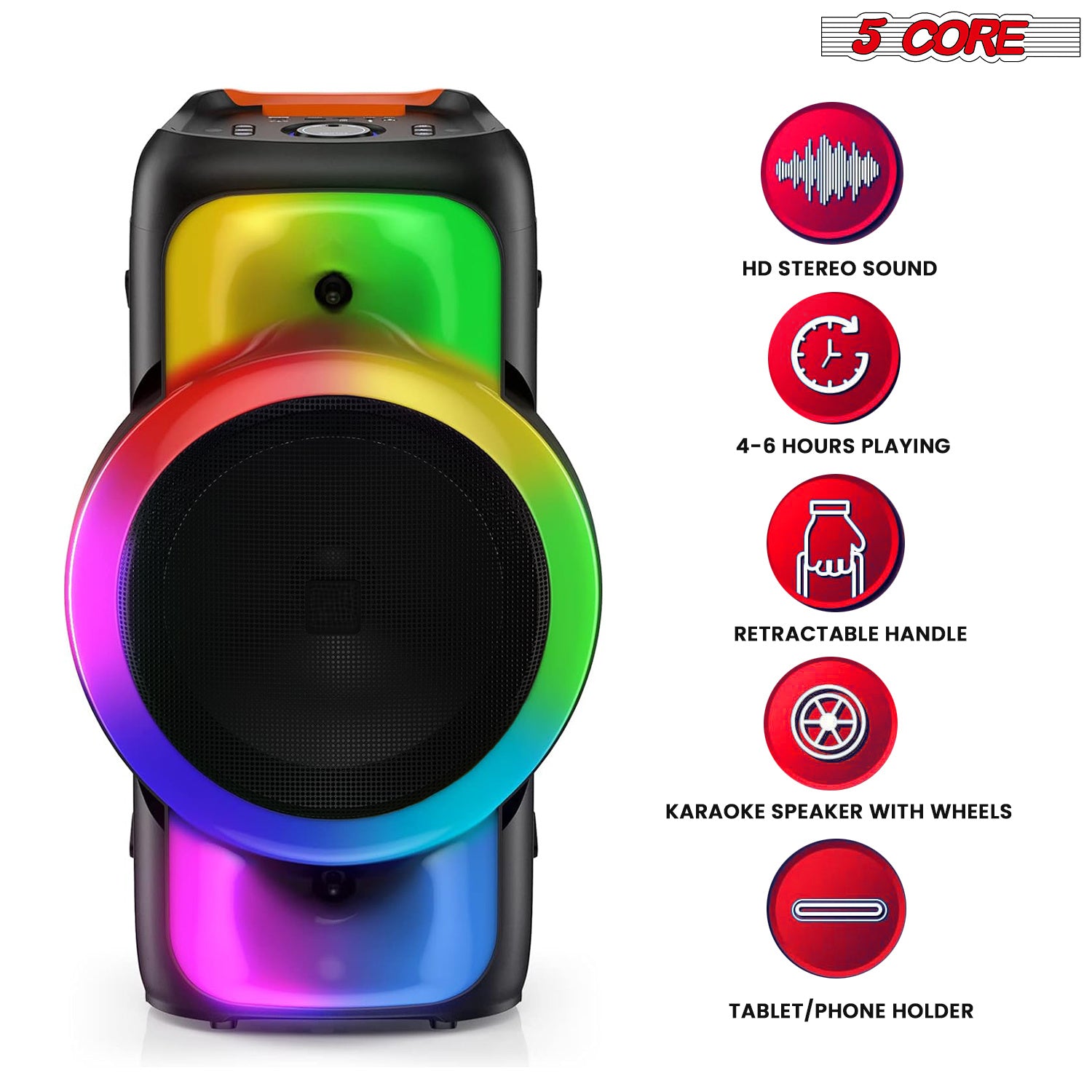 5 Core Karaoke Machine Bluetooth Portable Singing PA Speaker System w Cool DJ Light Support FM + TWS + USB + Memory Card + AUX + REC Party Speakers Includes Two Wireless Mics - PLB 12X1 2MIC - Mountain Lakes Mall