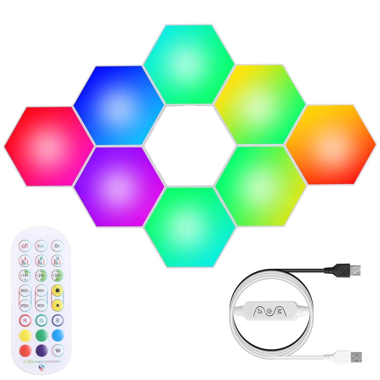 8Pcs Hexagon Light Panels RGBW Colorful Splicing Wall Lamps App Remote Line Control Timing Decorative Gaming Light Music Sync Lamps - Mountain Lakes Mall