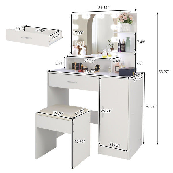 FCH Large Vanity Set with 10 LED Bulbs, Makeup Table with Cushioned Stool, 3 Storage Shelves 1 Drawer 1 Cabinet, Dressing Table Dresser Desk for Women, Girls, Bedroom, White - Mountain Lakes Mall