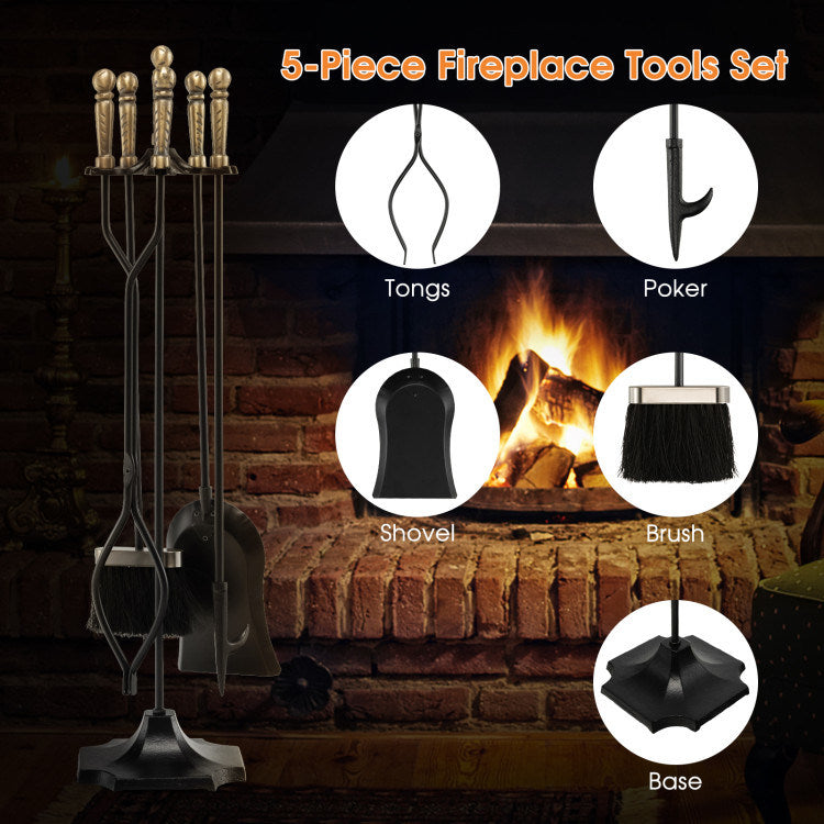 31 inch 5 Pieces Metal Fireplace Tool Set with Stand - Mountain Lakes Mall