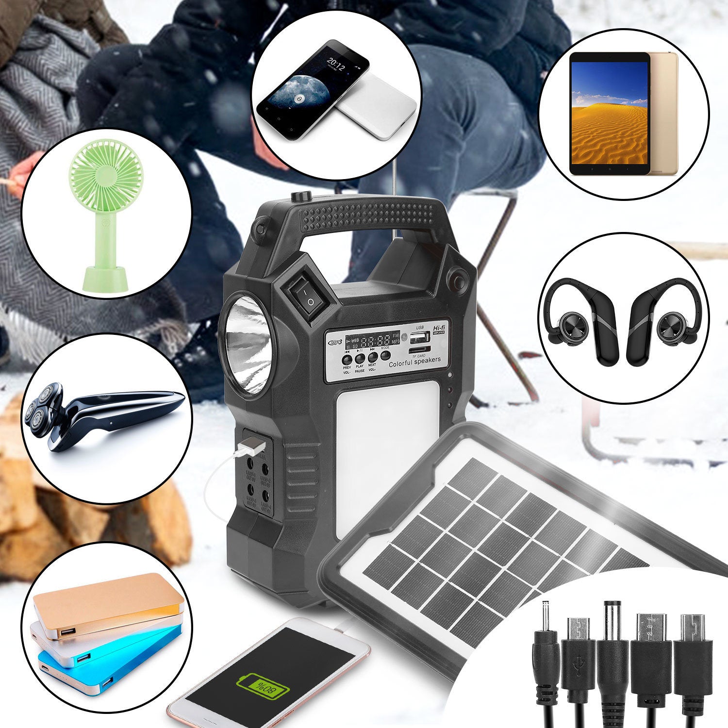 Portable Solar Power Station Rechargeable Backup Power Bank w/Flashlight 3 Lighting Bulbs For Camping Outage Garden Lamp - Mountain Lakes Mall