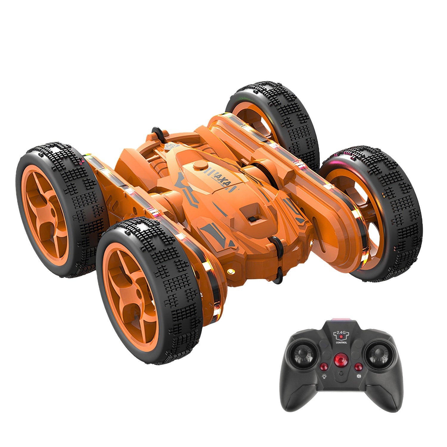 Kid Driving RC Stunt Car 7 Color Strip Light Dynamic Music Swing Arm Double-sided Rolling Remote Control Car Off Road - Mountain Lakes Mall