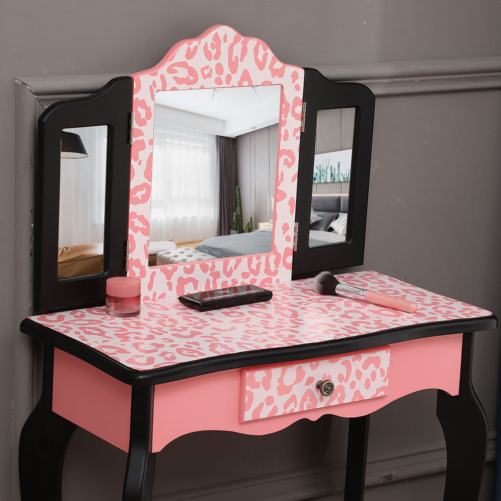 Kids Gisele Leopard Print Wooden Vanity Set with Tri-Fold Mirror Table and Chair, Pink/Black, - Mountain Lakes Mall