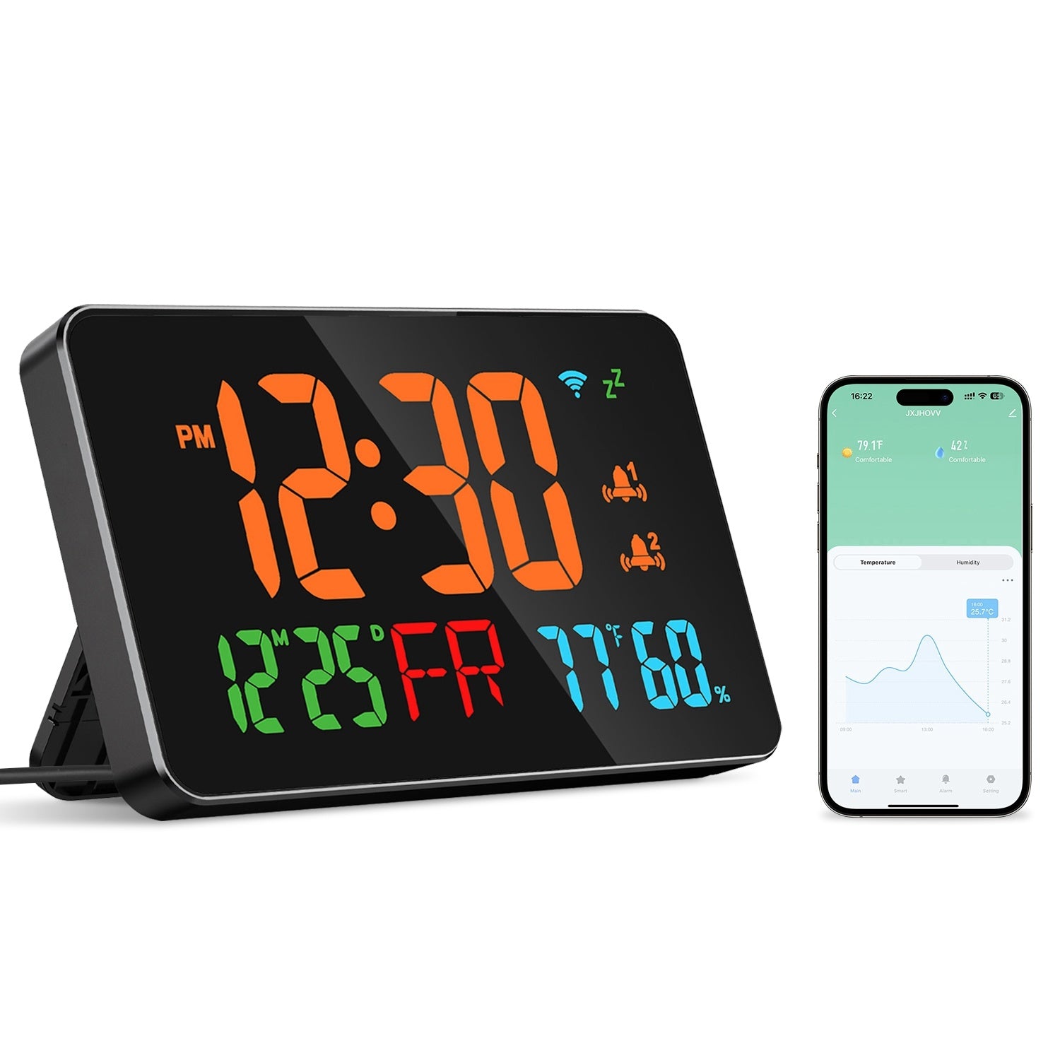 WiFi Auto Set Alarm Clock LED Digital Clock With 2 Alarm Setting Snooze 4 Brightness Levels Auto Light Sensing Temperature Humidify Monitor App Control - Mountain Lakes Mall