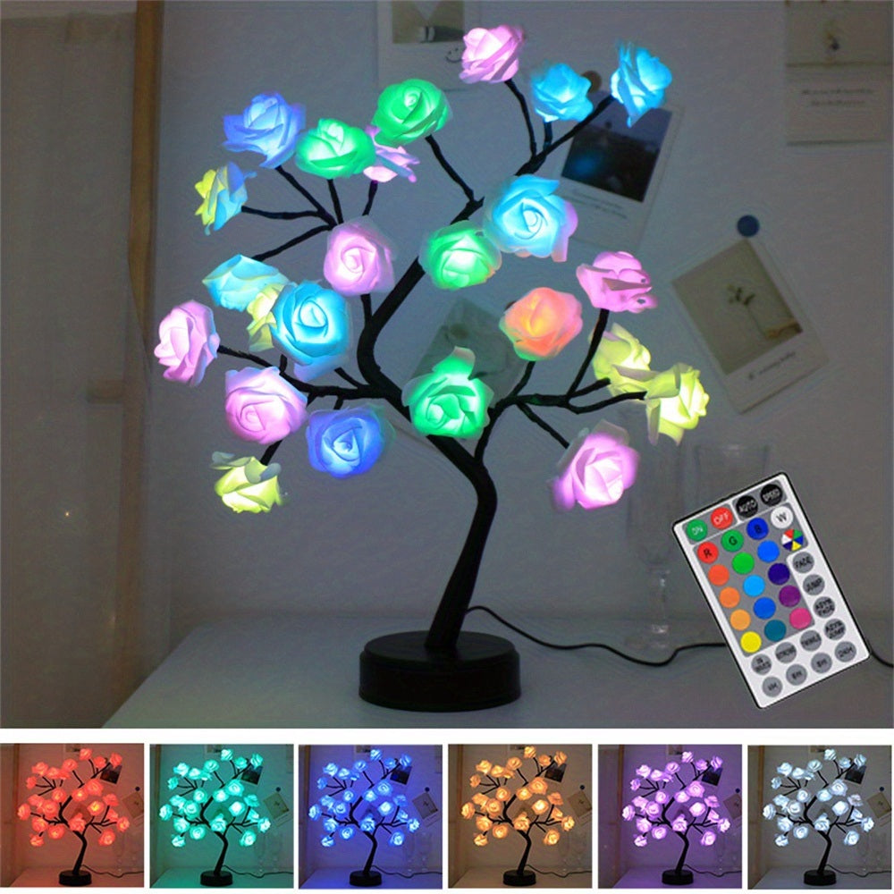 1pc, 24 LED RGB 16 Colors Rose Tree Night Light Battery And USB Plug Operated Rose Flower Fairy Lights Remote Control Mini Christmas Tree Table Lamp For Gift Indoor - Mountain Lakes Mall