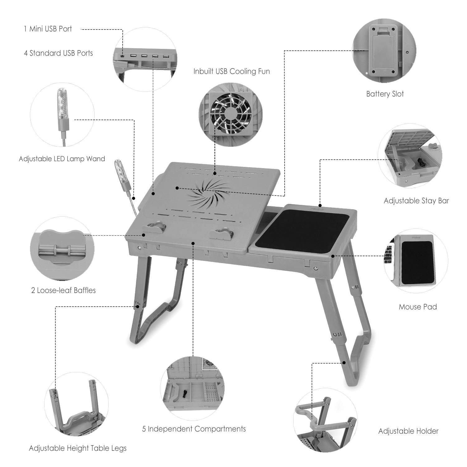 Foldable Laptop Table Bed Notebook Desk with Cooling Fan Mouse Board LED light 4 xUSB Ports Breakfast Snacking Tray - Mountain Lakes Mall