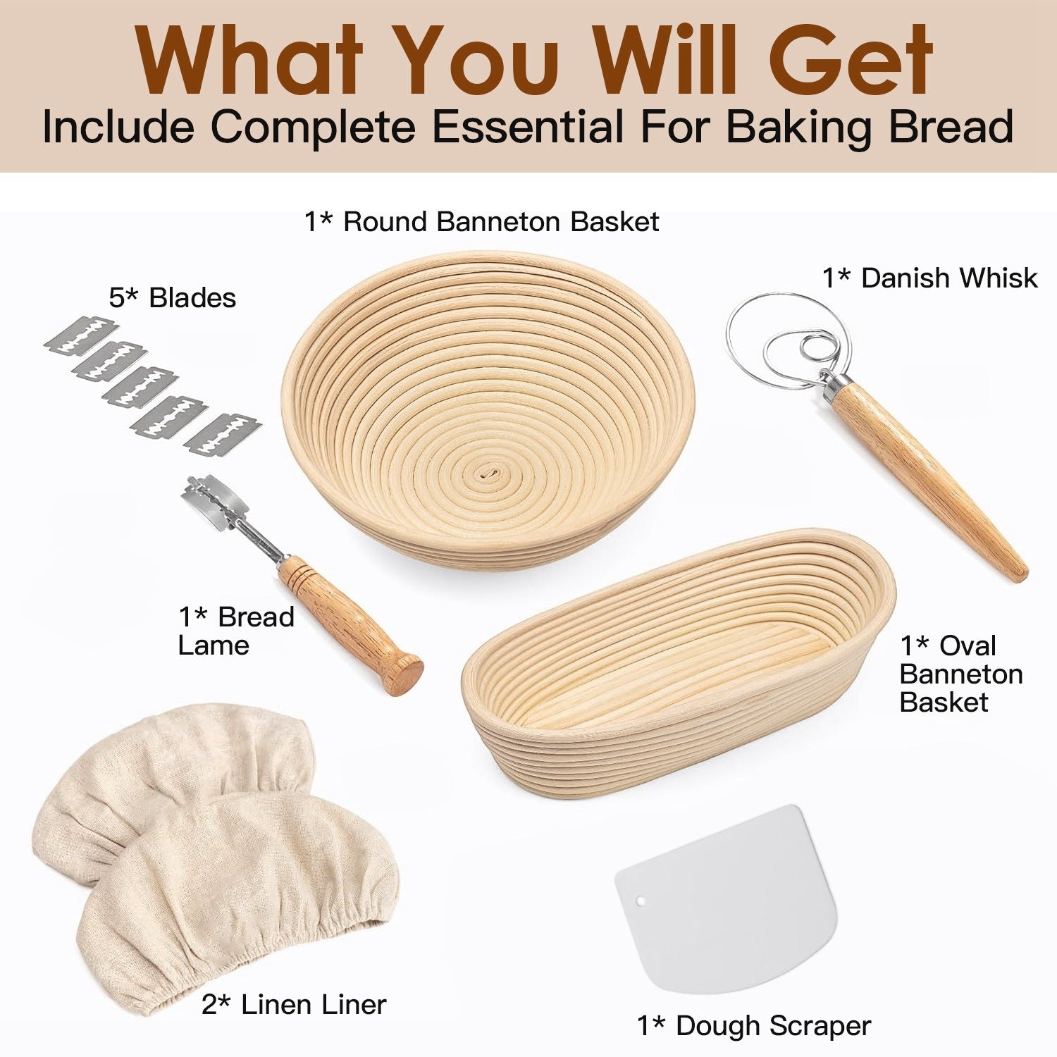 Complete Bread Baking Kit Banneton Proofing Basket Set 9In Round And 10In Oval Basket With Linen Liner Lame Dough Scraper Blender Whisk - Mountain Lakes Mall