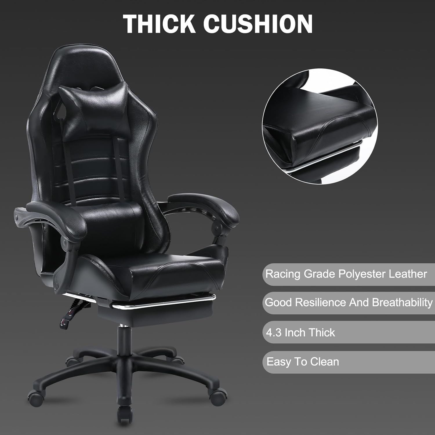 Ergonomic Gaming Chair for Adults, Comfortable Computer Chair for Heavy People, Adjustable Height Office Desk Chair with Wheels, Breathable Leather Video Game Chairs - Mountain Lakes Mall