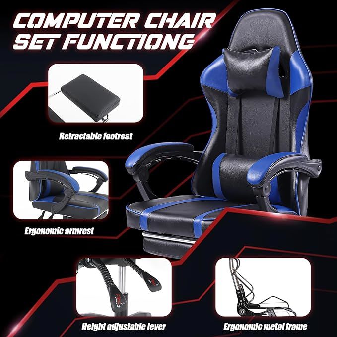 Video Game Chairs for Adults, PU Leather Gaming Chair with Footrest, 360°Swivel Adjustable Lumbar Pillow Gamer Chair, Comfortable Computer Chair for Heavy People - Mountain Lakes Mall