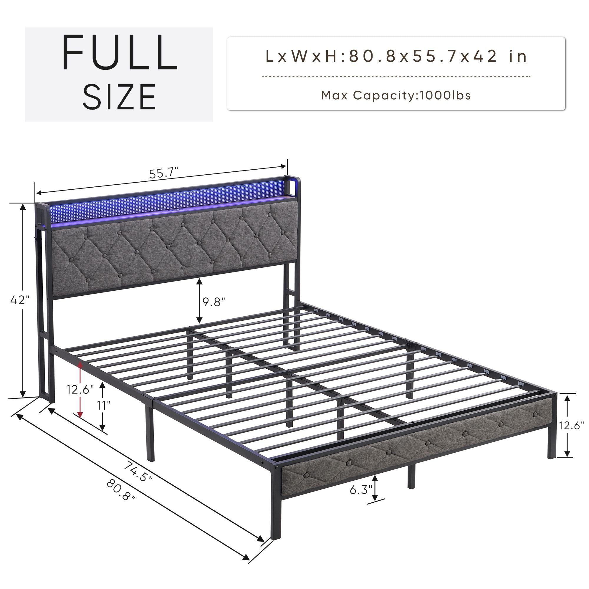 Full Bed Frame with Storage Headboard, Charging Station and LED Lights, Upholstered Platform Bed with Heavy Metal Slats, No Box Spring Needed, Noise Free, Easy Assembly, Dark Gray