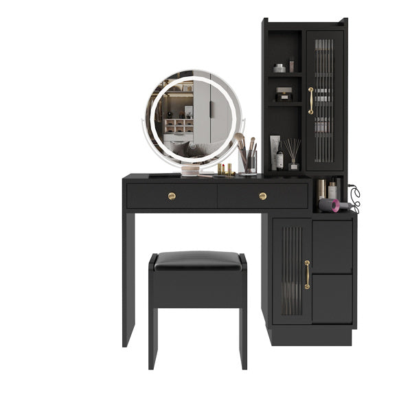 Modern Makeup Vanity Table Set with Side Cabinet and LED Mirror, Retractable Dressing Table with Power Outlets, 3 Light Colors - Mountain Lakes Mall